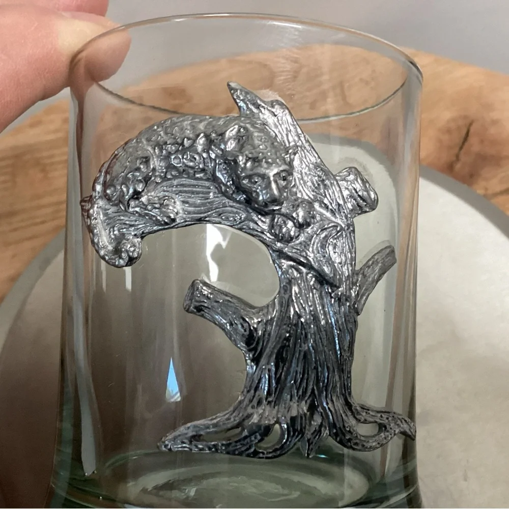 ⚫️ Vintage - Frankli Wild Pewter Leopard Whiskey Tumbler Glass - Rare